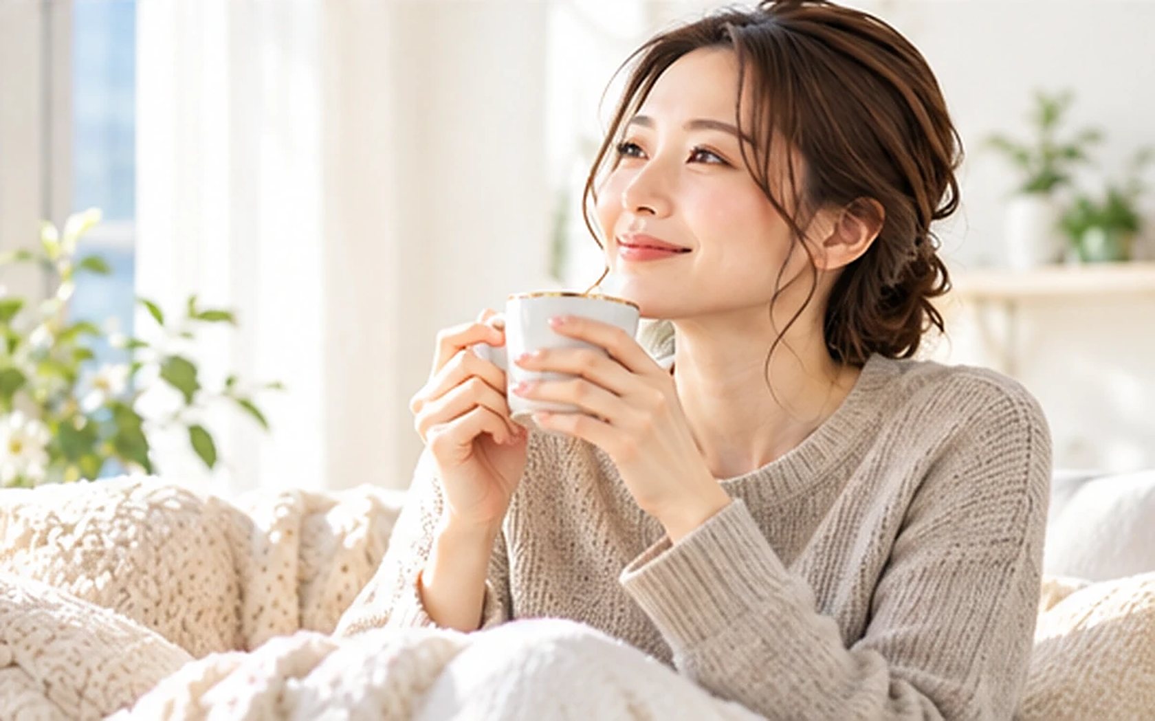 ソファでコーヒーを飲みながらくつろぐ女性